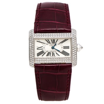 Pre Owned Cartier Silver 18K White Gold Diamond Leather Tank Divan 2613 Women's Wristwatch 31.50 mm