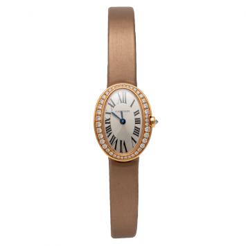 Pre Owned Cartier Silver Mini Baignoire Rose Gold Diamond Bezel Women's Watch