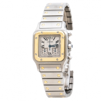 Pre Owned Cartier Cream 18K Yellow Gold Stainless Steel Santos Galbée 2425 Women's Wristwatch 29 mm