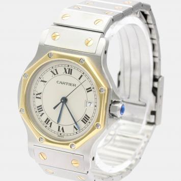 Pre Owned Cartier Silver 18k Yellow Gold And Stainless Steel Santos Octagon 187902 Quartz Women's Wristwatch 29 mm