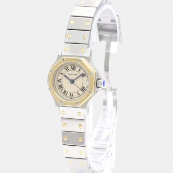 Pre Owned Cartier White 18k Yellow Gold And Stainless Steel Santos Octagon 187903 Quartz Women's Wristwatch 24 mm