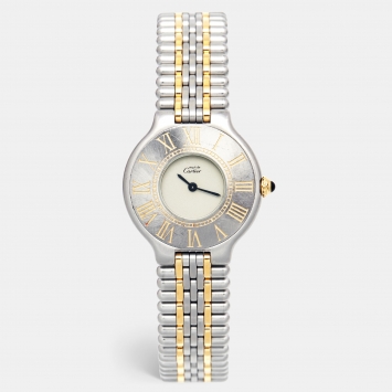 Pre Owned Cartier Cream 18k Yellow Gold Stainless Steel Must 21 9010 Women's Wristwatch 28 mm
