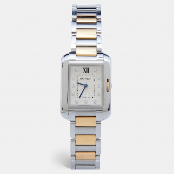 Pre Owned Cartier Silver 18K Rose Gold Stainless Steel Diamond Tank Anglaise WT100032 Women's Wristwatch 26 mm