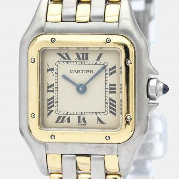 Pre Owned Cartier Silver 18K Yellow Gold And Stainless Steel Panthere Women's Wristwatch 22 mm