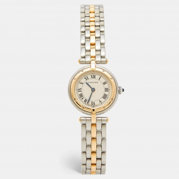 Pre Owned Cartier Cream 18K Yellow Gold And Stainless Steel Panthere W25030B5 Women's Wristwatch 23 mm