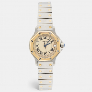 Pre Owned Cartier Cream 18k Yellow Gold Stainless Steel Santos de Cartier 187903 Women's Wristwatch 25 mm