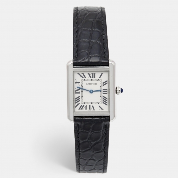 Pre Owned Cartier Silver Stainless Steel Alligator Leather Tank Solo 3170 Women's Wristwatch 24 mm