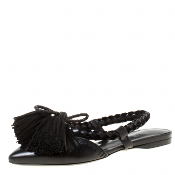 Pre Owned  Carven Black Leather Tassle Detail Pointed Toe Flat Mules Size 37