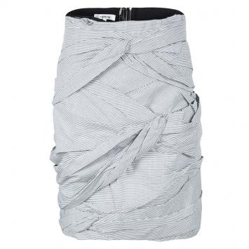 Pre Owned Carven Grey and White Striped Cotton Ruched Skirt L