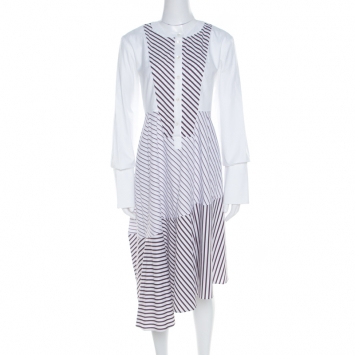 Pre Owned Carven White Multi Striped Cotton Paneled Asymmetric Hem Midi Dress L