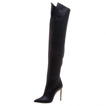 Pre Owned Casadei Black Leather Tango Over The Knee Pointed Toe Boots Size 36