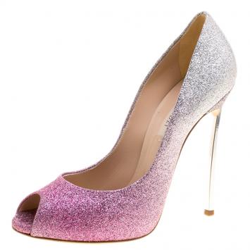 Pre Owned Casadei Pink and Silver Ombrè Glitter Pegasus Peep Toe Pumps Size 38.5