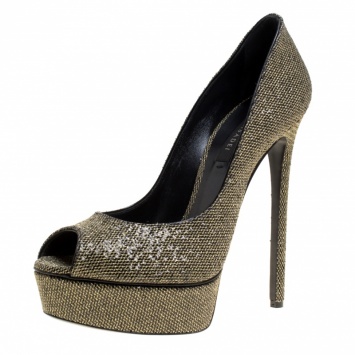 مملوكة مسبقًا Casadei Glitter Lamé Fabric Daisy Peep Toe Platform Pumps Size 40