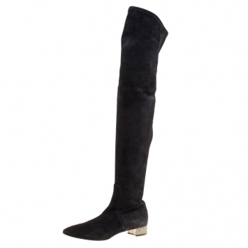 مملوكة مسبقًا Casadei Black Suede Crystal Embellished Heel Over The Knee Boots Size 38.5