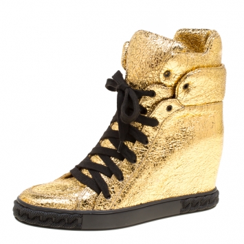 Pre Owned Casadei Gold Metallic Crackled Leather High Top Sneakers Size 39