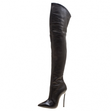 مملوكة مسبقًا Casadei Black Leather Blade Over The Knee Pointed Toe Boots Size 37