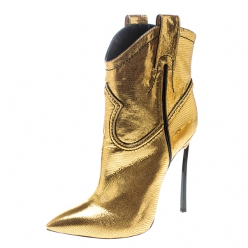 مملوكة مسبقًا Casadei Metallic Gold Embossed Lizard Leather Stiletto Heel Cowboy Boots Size 40