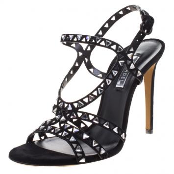 مملوكة مسبقًا Casadei Black Crystal Embellished Cut Out Suede Sandals Size 39