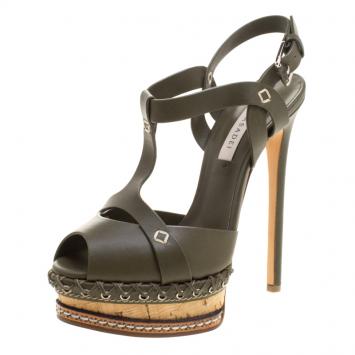 Pre Owned Casadei Olive Green Leather T-Strap Platform Sandals Size 36