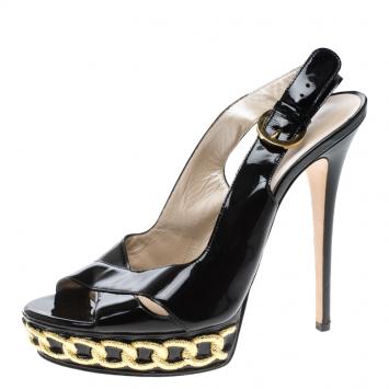 Pre Owned Casadei Black Patent Leather Chain Link Embossed Slingback Platform Sandals Size 40