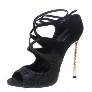 مملوكة مسبقًا Casadei Black Suede and Glitter Hollywood Peep Toe Cut Out Pumps Size 40