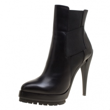 Pre Owned Casadei Black Leather Platform Ankle Boots Size 37.5