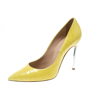 Pre Owned Casadei Yellow Croc Embossed Patent Leather Pointed Toe Pumps Size 37.5