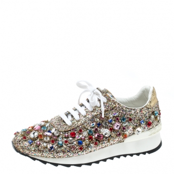 Pre Owned Casadei Multicolor Crystal Embellished Glitter Lace Up Sneakers Size 39