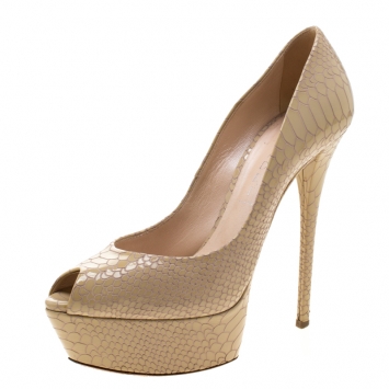 مملوكة مسبقًا Casadei Beige Python Embossed Leather Peep Toe Platform Pumps Size 38.5