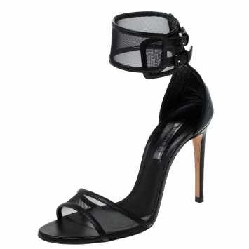 مملوكة مسبقًا Casadei Black Mesh and Leather Open Toe Double Buckle Ankle Strap Sandals Size 36