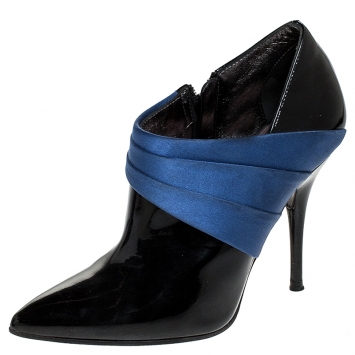 Pre Owned Casadei Black Patent Leather And Blue Satin Ankle Booties Size 35