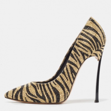Pre Owned Casadei Gold Canvas Crystal Embellished Pumps Size 37
