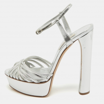 Pre Owned Casadei Silver Leather Ankle Strap Platform Sandals Size 38