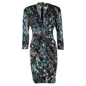 Pre Owned Catherine Malandrino Multicolour Printed Silk Jersey Gathered Long Sleeve Dress L