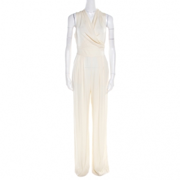Pre Owned Catherine Malandrino Favorites Cream Silk Waist Tie Detail Jumpsuit S