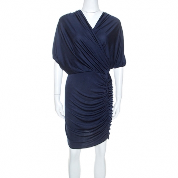 Pre Owned Catherine Malandrino Navy Blue Silk Jersey Twisted Draped Dress S