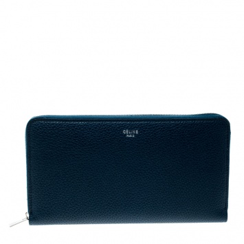 Pre Owned Celine Navy Blue Leather Zip Around Wallet