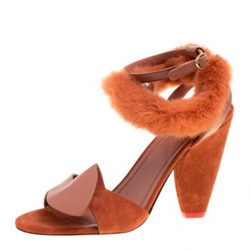 Pre Owned Cèline Brown Leather and Mink Fur Bracelet Peep Toe Sandals Size 38.5