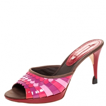 Pre Owned Celine Multicolor Patent and Leather Trim Scalloped Slide Sandals Size 39