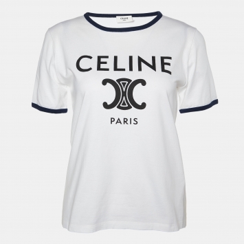 Pre Owned Celine White Logo Print Cotton Crew Neck T-Shirt M 