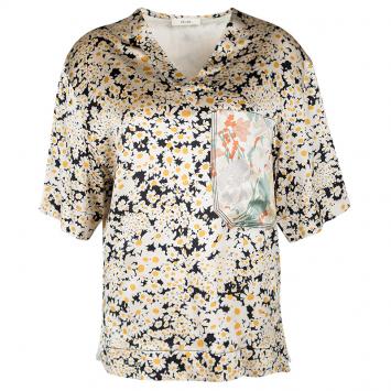 Pre Owned Celine Multicolor Floral Printed Silk Contrast Pocket Detail Top M