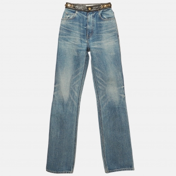 Pre Owned Celine Blue Denim and Leather Straight Fit Jane Flare Jeans S/Waist 25"