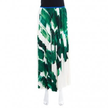 Pre Owned Celine Cream and Green Brushstroke Printed Silk Plisse Midi Skirt M