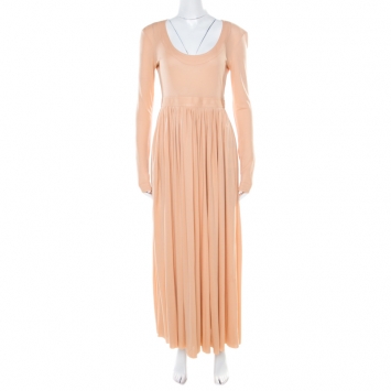 Pre Owned Celine Peach Stretch Knit Tie Up Detail Gathered Empire Maxi Dress M