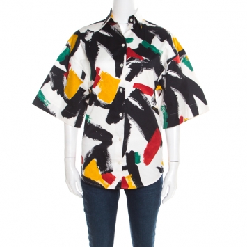 Pre Owned Celine White Cotton Multicolor Brush Stroke Print Short Sleeve Shirt S