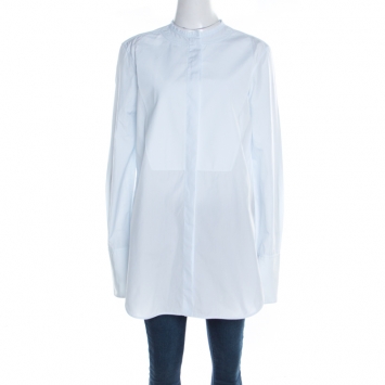 Pre Owned Celine Light Blue Cotton Band Collar Oversized Masculine Tuxedo Shirt M