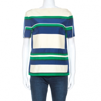Pre Owned Celine Color Block Silk Patched Detail Short Sleeve Top M