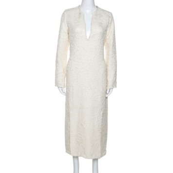 Pre Owned Celine Cream Wool  Blend V Neck Midi Dress L