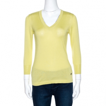 Pre Owned Celine Lime Green Cashmere Silk Long Sleeve Top S