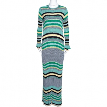 Pre Owned Celine Green Striped Knit Long Sleeve Maxi Dress M